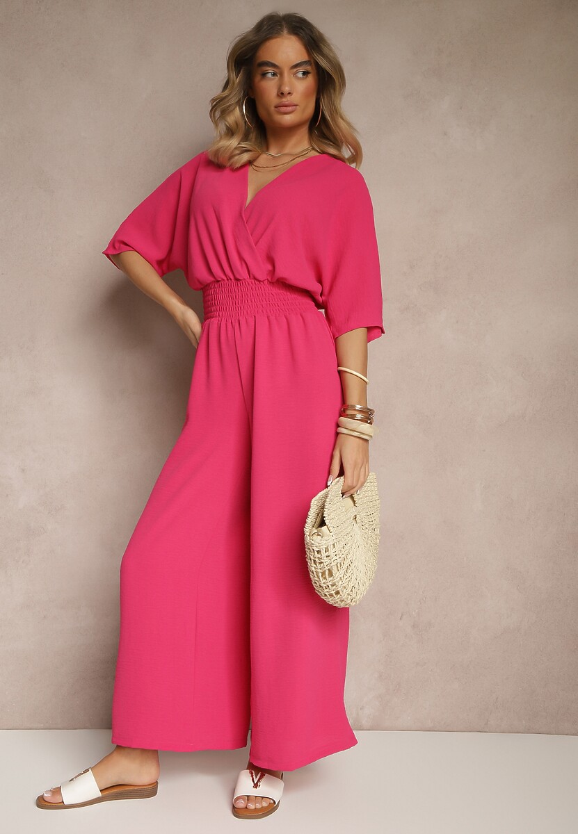 Fuksjowy Taliowany Kombinezon z Zakładkowym Dekoltem i Gumką w Pasie Vimalynna