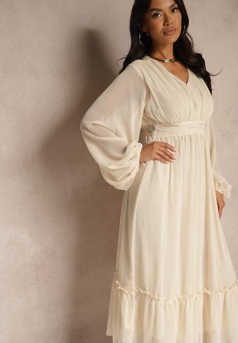 Beżowa Plisowana Sukienka Koktajlowa Ozdobiona Guzikami i Falbankami Osumia