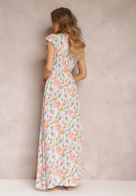 Jasnoniebieska Sukienka Kopertowa z Gumką w Pasie w Kwiaty Toma