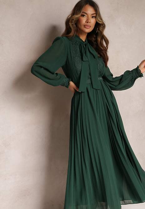 Ciemnozielona Plisowana Sukienka Maxi z Koronką i Paskiem Venila