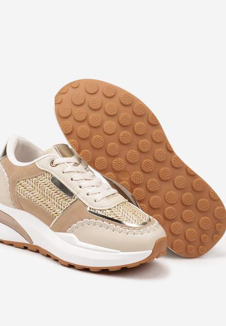 Ciemnobeżowe Sneakersy na Platformie ze Wstawkami z Plecionki Ninatia