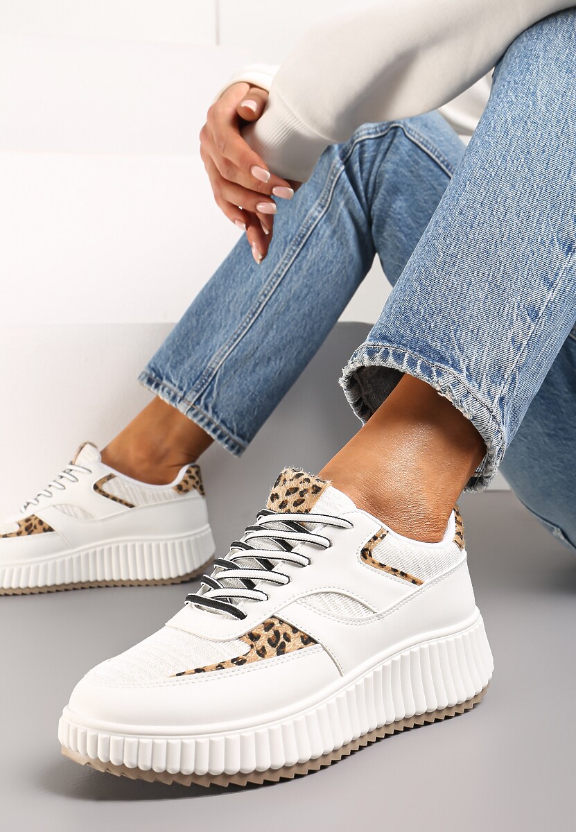 Ciemnobeżowe Sneakersy na Ozdobnej Grubej podeszwie z Brokatem Gelnia