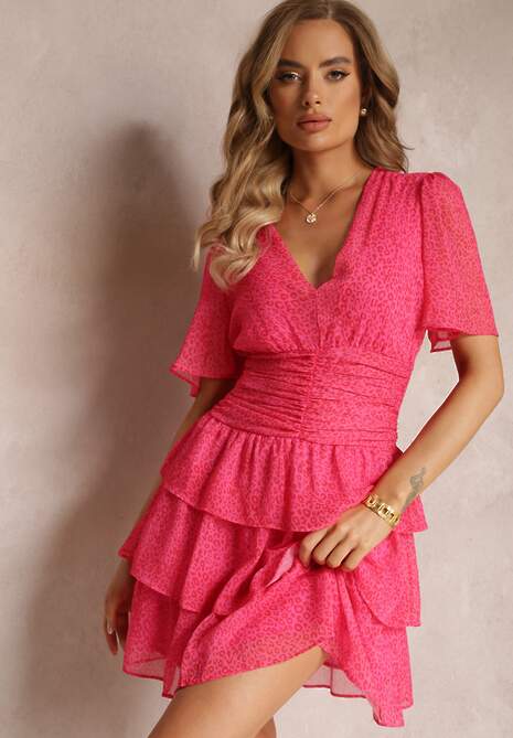 Różowa Sukienka Mini z Falbankami i Marszczeniem w Talii Kraisa