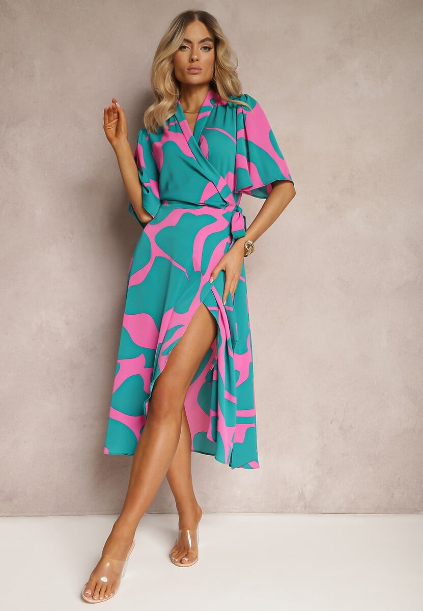 Niebiesko-Różowa Sukienka o Kopertowym Fasonie z Wiązaniem w Talii Uzilena