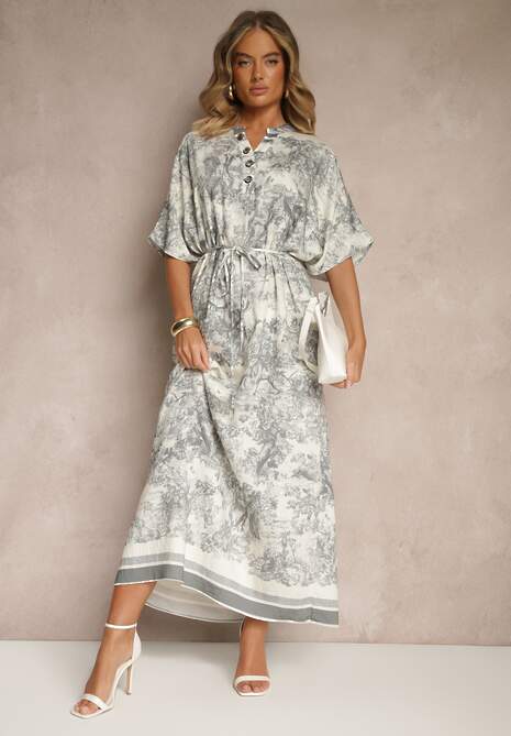 Szara Sukienka Oversize z Wiskozą i Abstrakcyjnym Motywem Lunisana