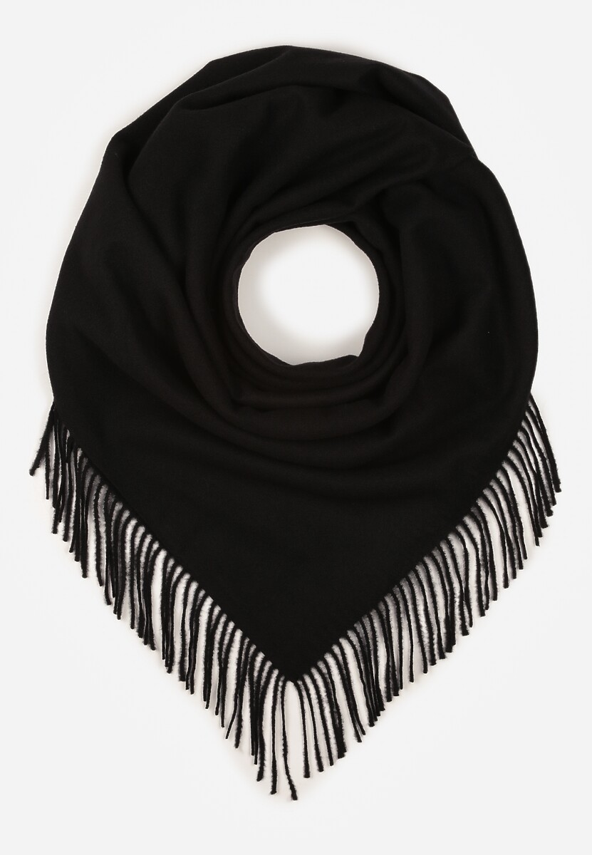 Czarny Bawełniano-Wiskozowy Szalik w Kształcie Trójkąta z Frędzlami Vetisara