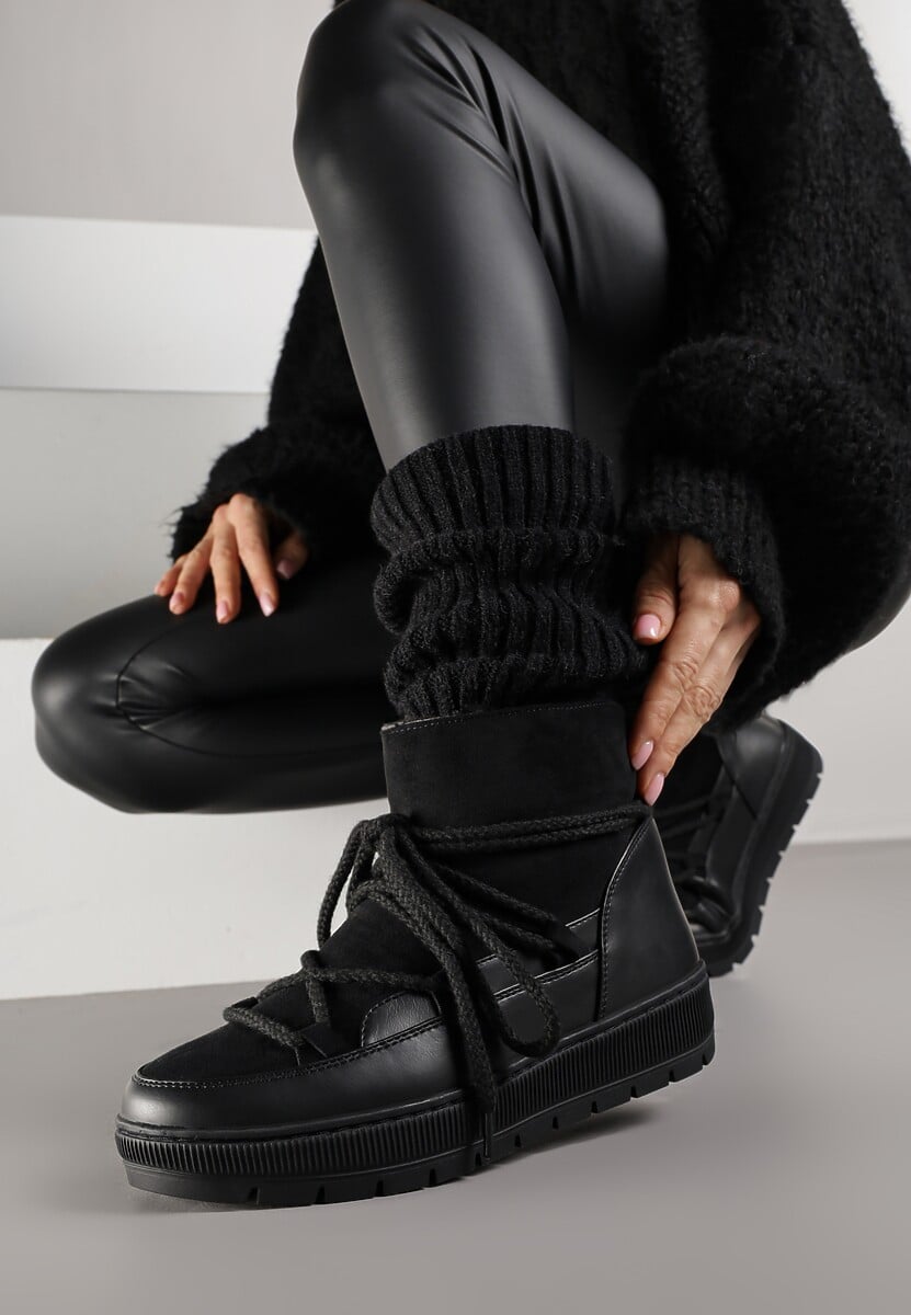 Czarne Sznurowane Śniegowce ze Wsuwaną Cholewką i Futerkiem Typu Baranek Mevirania