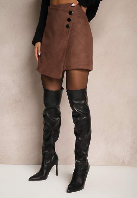 Brązowa Trapezowa Spódnica o Kopertowym Kroju z Guzikami Ilaraeth