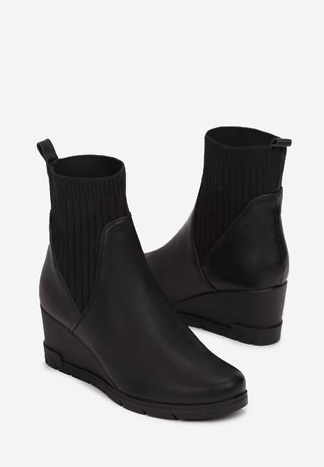 Czarne Botki z Elastyczną Cholewką na Koturnie Touge