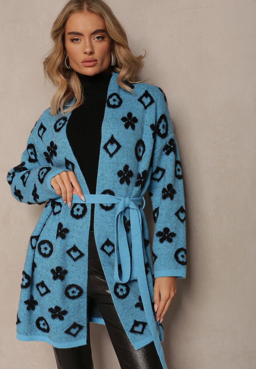 Niebieski Kardigan z Wiązanym Paskiem Ozdobiony Wzorem w Kwiaty Timonen