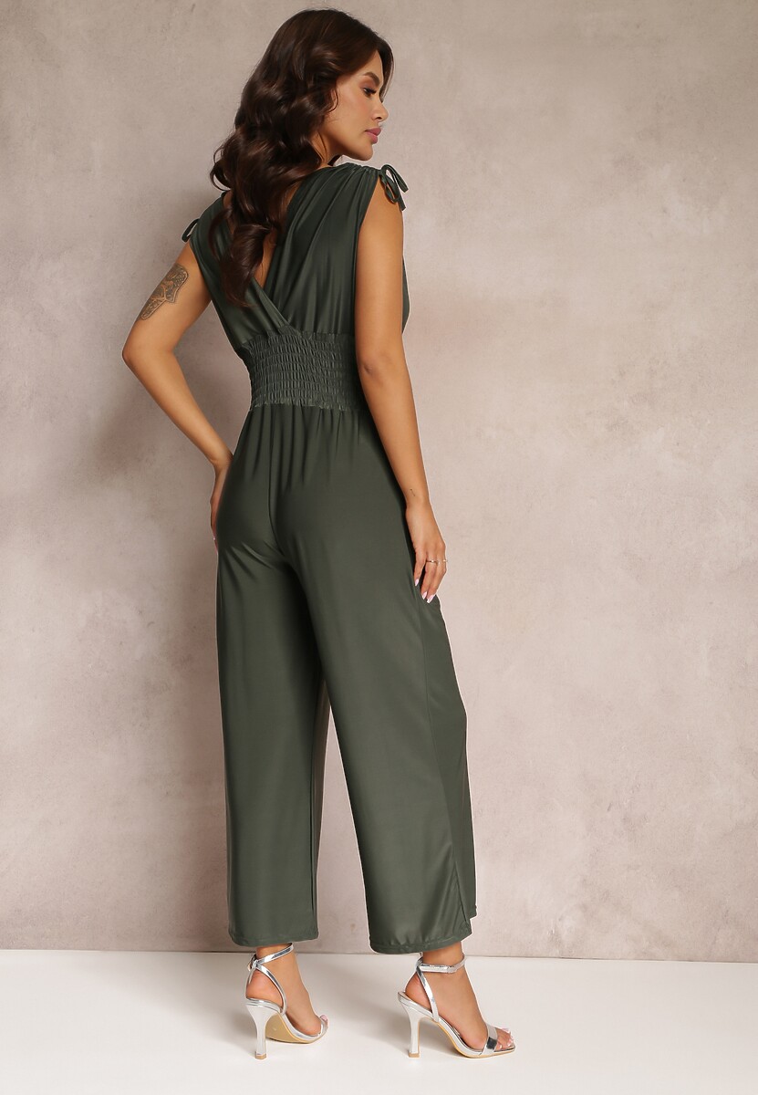 Ciemnozielony Kombinezon z Szerokimi Nogawkami i Gumkami w Talii Adriannae
