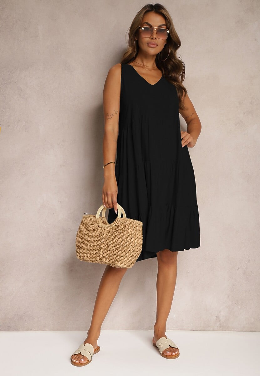 Czarna Bawełniana Sukienka o Rozkloszowanym Kroju Bez Rękawów Gladea