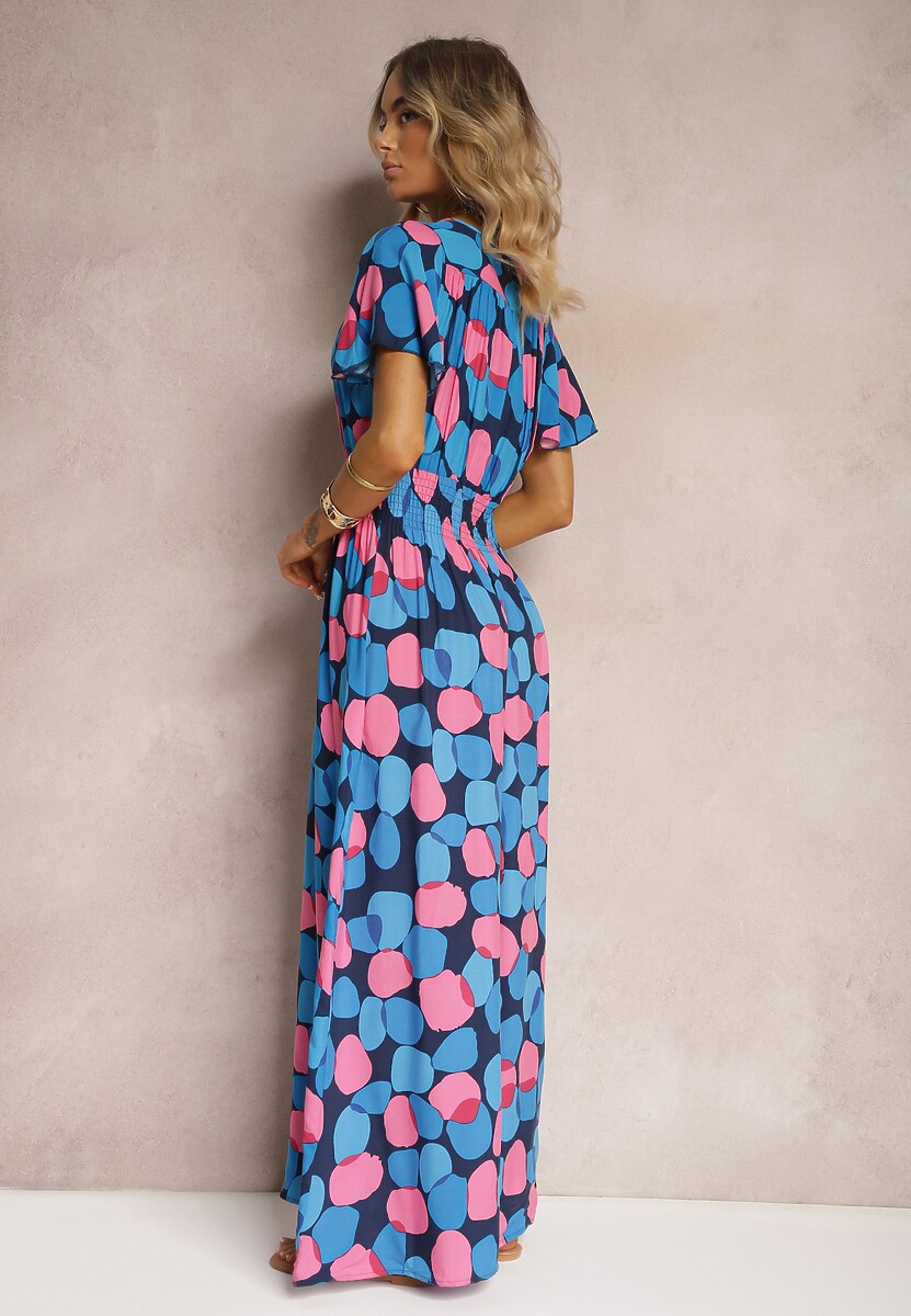 Niebiesko-Różowa Bawełniana Sukienka w Geometryczny Wzór z Kopertowym Dekoltem z Gumką w Pasie Fanelsea