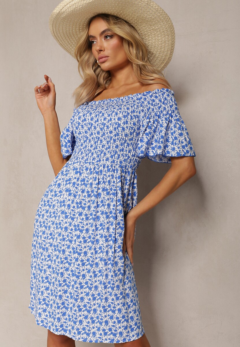 Niebieska Krótka Sukienka Letnia o Fasonie Hiszpanki z Wiskozy Liranna