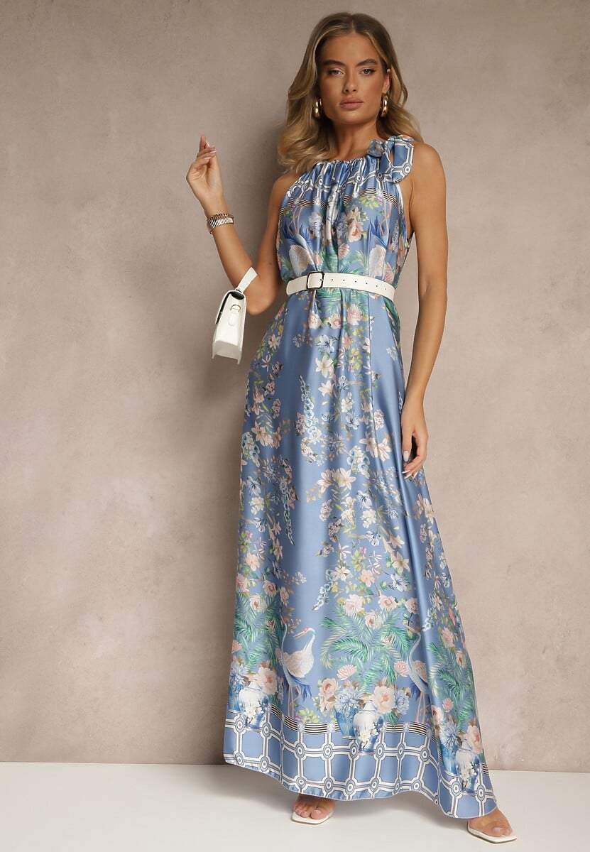 Granatowa Sukienka z Satyny Zdobiona Kwiatowym Wzorem i Wiązaniem Fenalesa