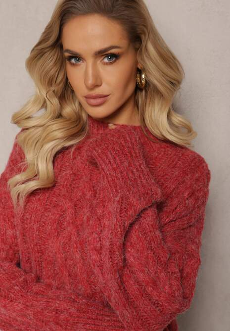 Czerwony Luźny Golf w Ozdobny Splot Atterta