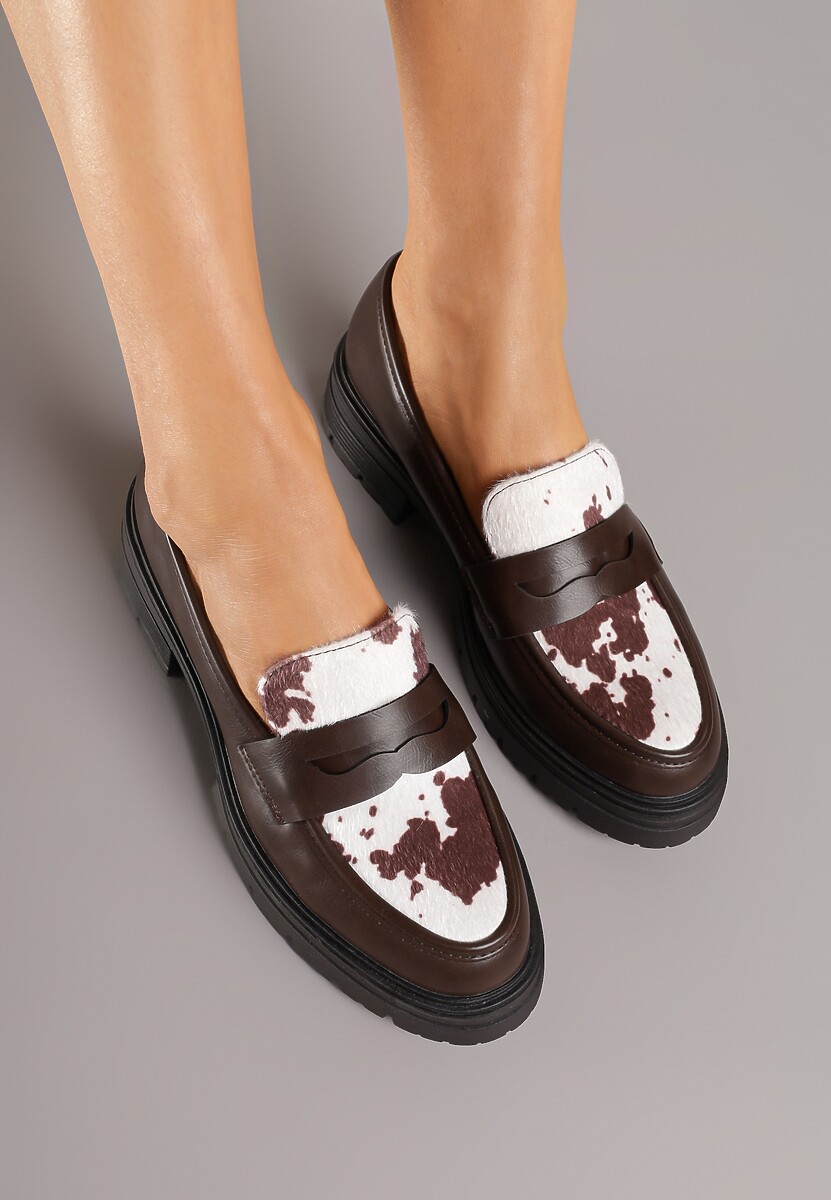 Brązowe Klasyczne Mokasyny ze Skórzaną Wkładką i Wstawką w Krowie Łaty Tulirena