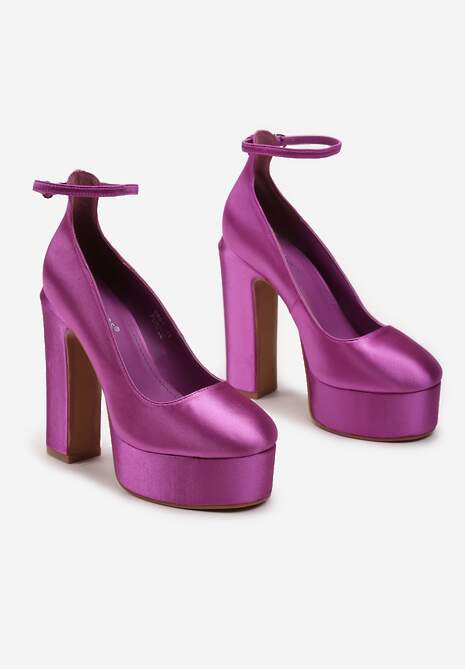 Fioletowe Czółenka Satynowe na Platformie i Słupku Enalae