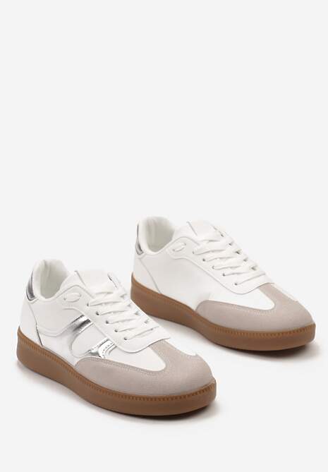 Biało-Srebrne Sneakersy w Stylu Kultowych Tenisówek z Kauczukową Podeszwą Poseiama