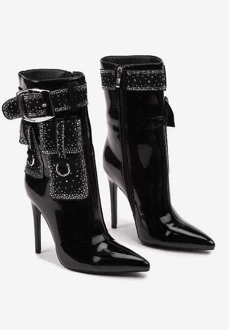 Czarne Botki Bikery na Szpilce Ozdobione Cyrkoniami i Imitacją Kieszeni Anseella