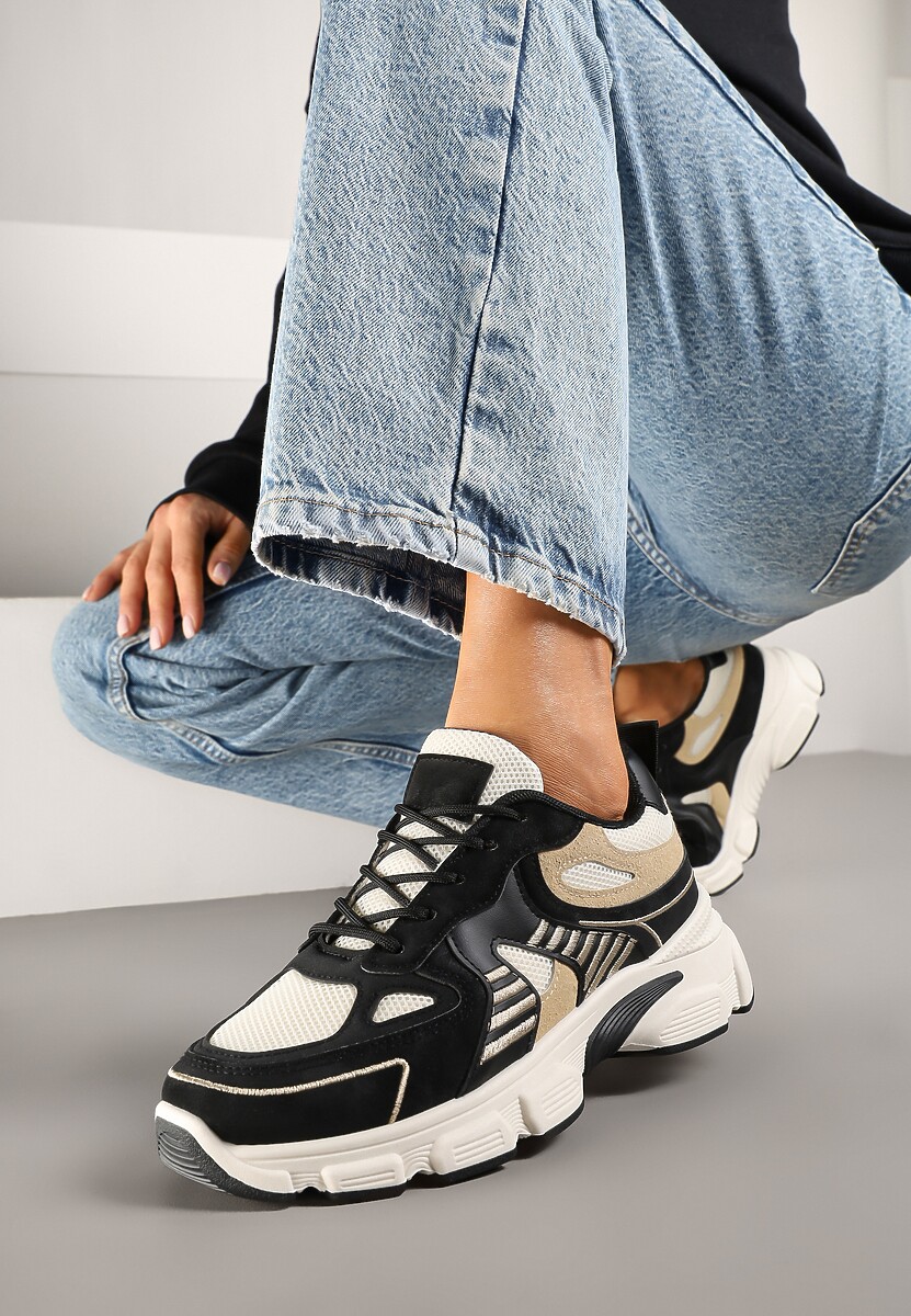 Czarno-Beżowe Sneakersy w Streetwearowym Stylu na Grubej Podeszwie Felethra