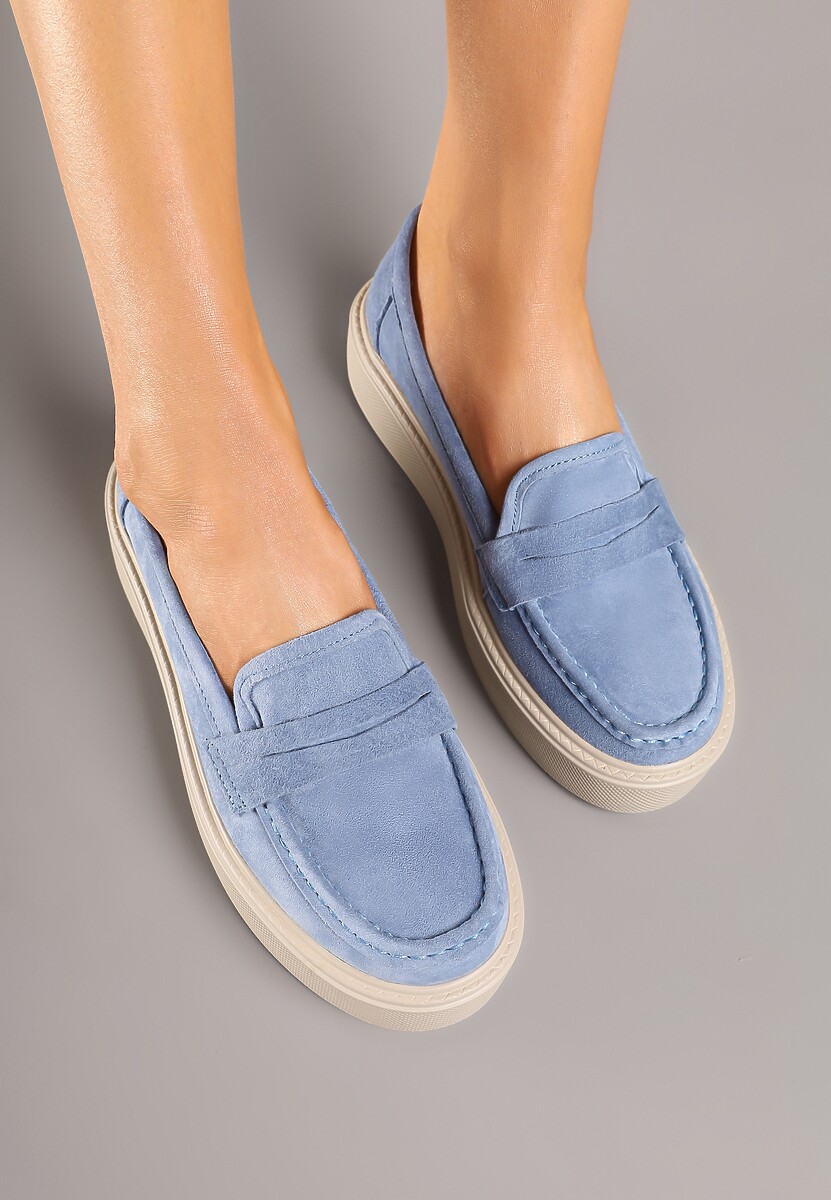 Niebieskie Mokasyny na Grubej Podeszwie z Wkładką ze Skóry Naturalnej Polvia