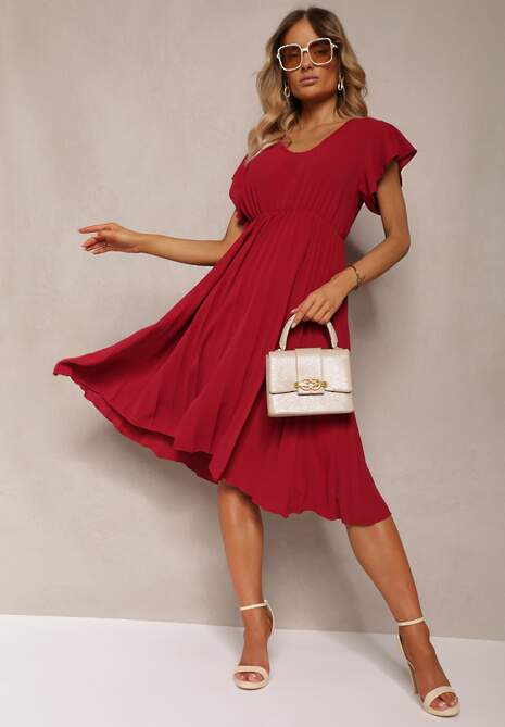 Bordowa Rozkloszowana Sukienka z Plisami i Dekoltem w V Rissari