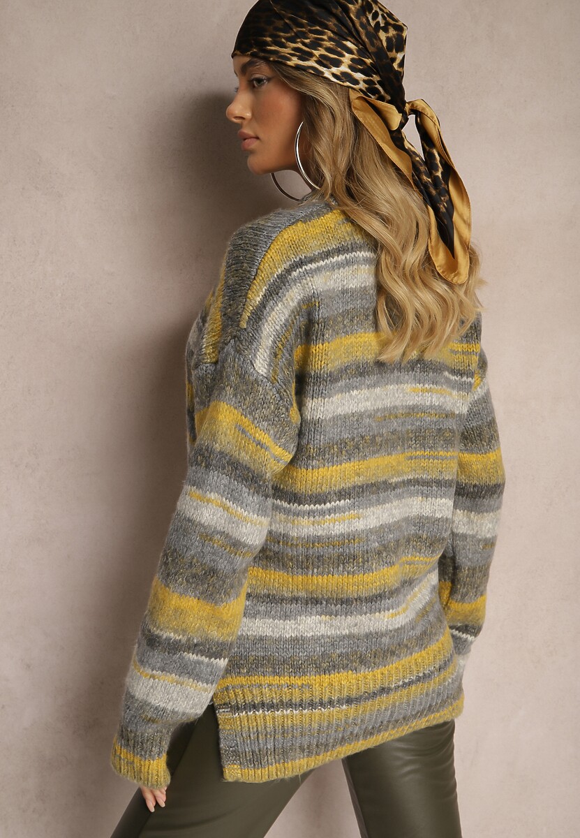 Szaro-Zielony Sweter Ozdobiony Poziomymi Paskami Atorila