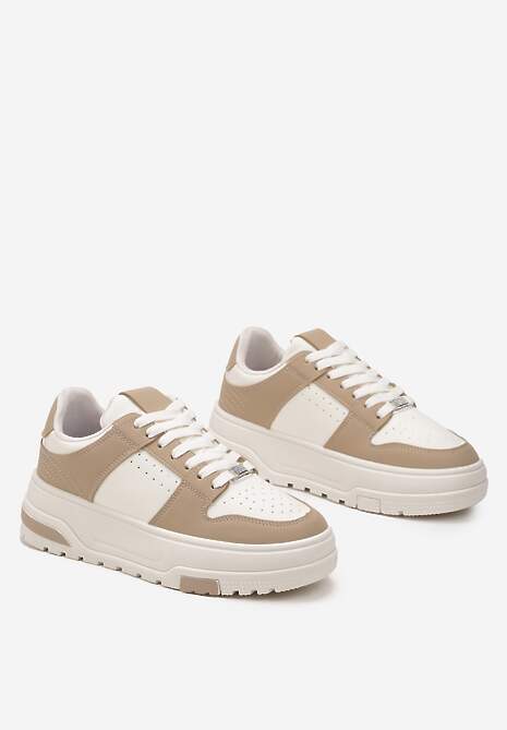 Ciemnobeżowe Sneakersy z Ekoskóry na Grubej Podeszwie z Ozdobnymi Wstawkami Sarnei