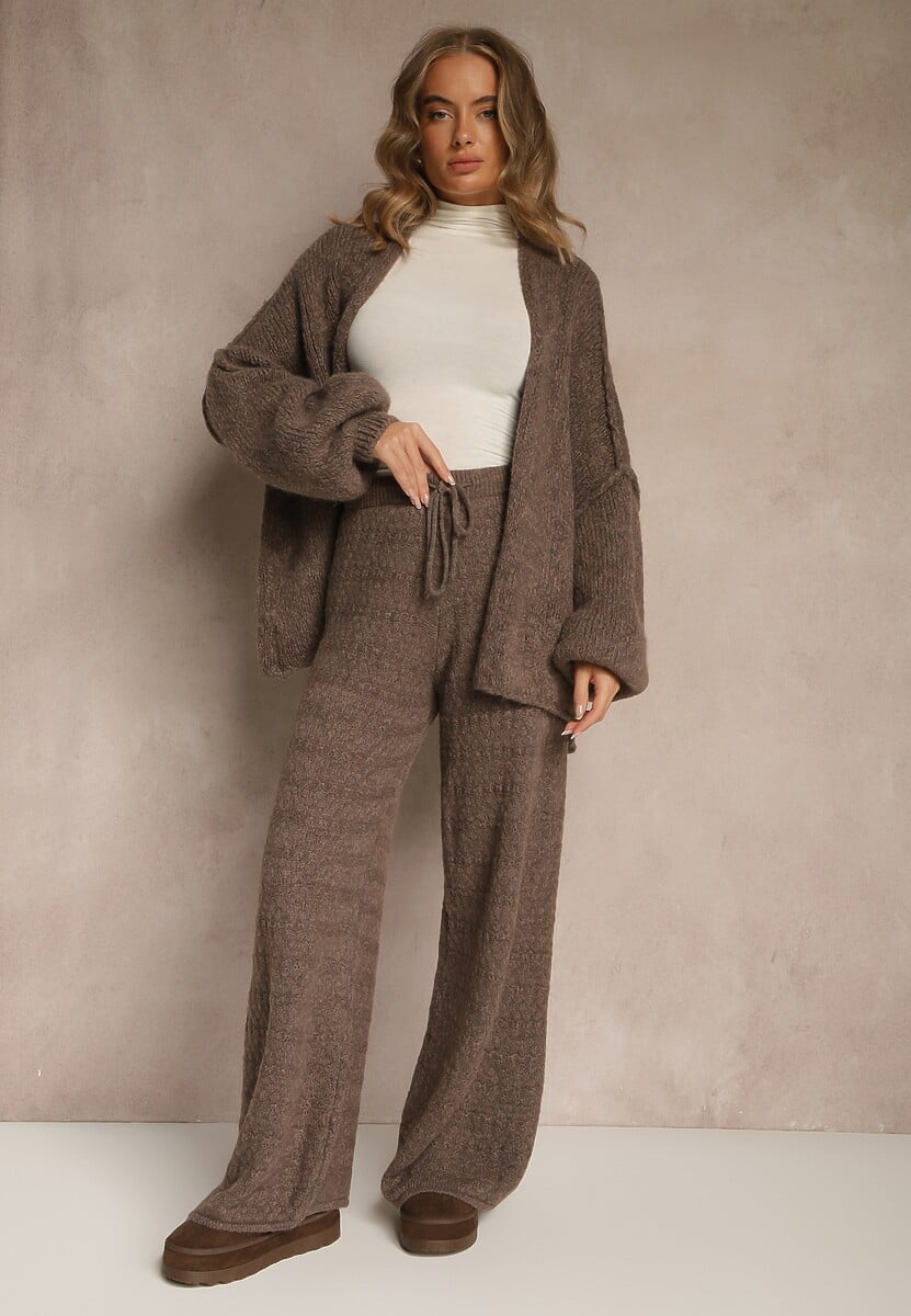 Brązowe Spodnie Wide Leg z Dzianiny z Dodatkiem Wełny i Wiskozy Tiesania