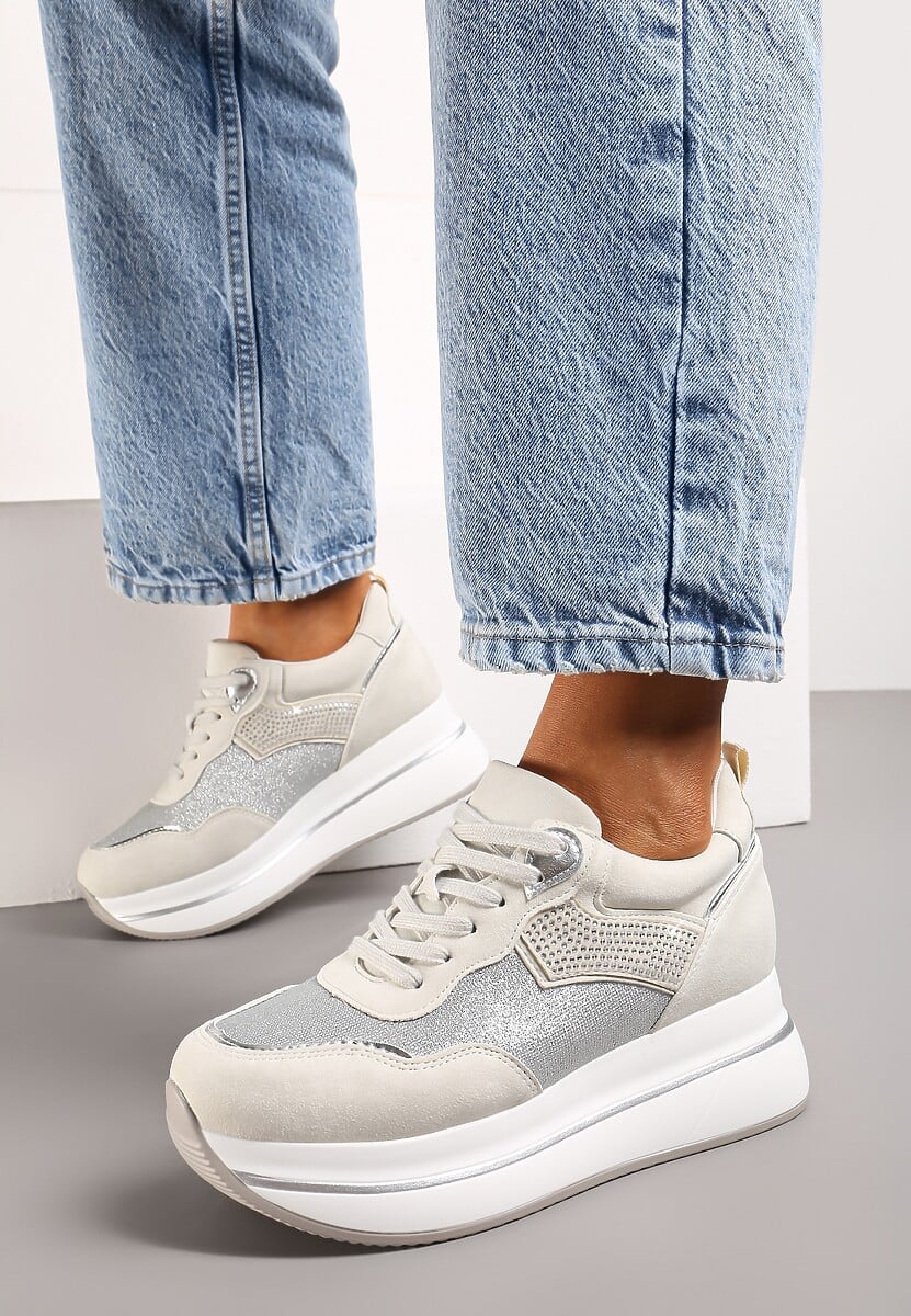 Beżowe Sneakersy na Platformie z Cyrkoniami na Boku Oarema