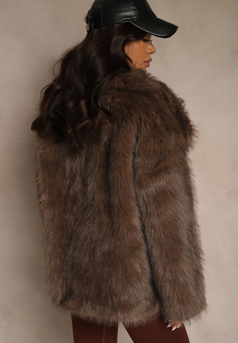 Brązowa Dwurzędowa Kurtka Futerko Oversize Nenalla