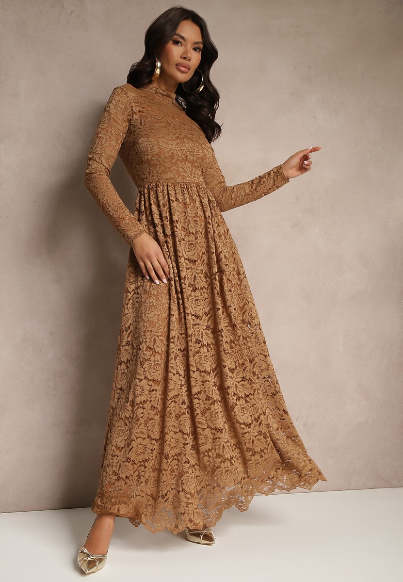 Czarna Koronkowa Sukienka o Rozkloszowanym Kroju ze Stójką i Gumką w Pasie Delidra