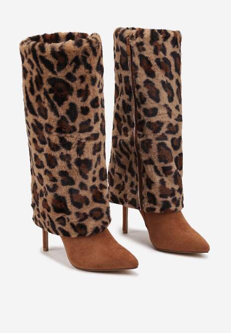 Brązowe Kozaki na Szpilce Ozdobione Futerkiem i Wywiniętą Cholewką w Panterkę Riavira