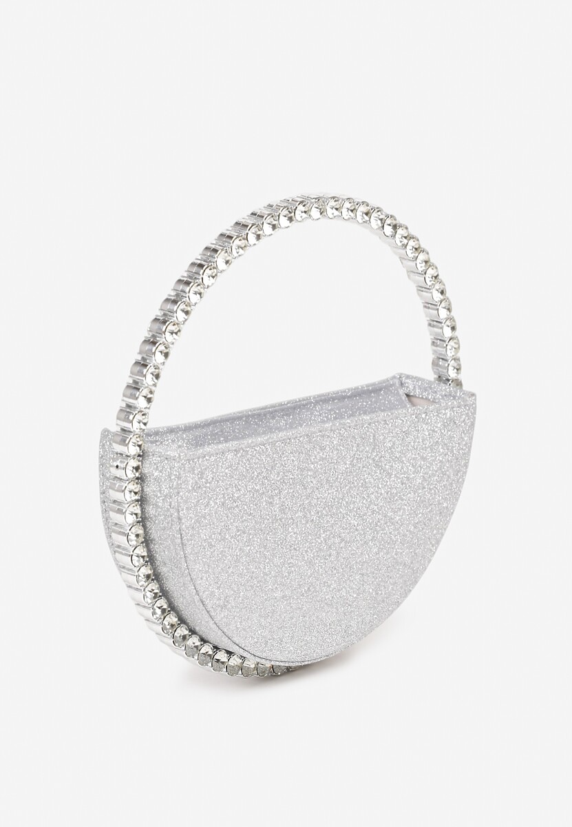 Srebrna Okrągła Torebka Koktajlowa Ozdobiona Cyrkoniami i Brokatem Fesimala