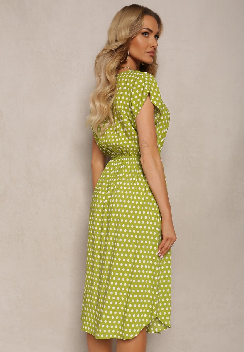 Jasnozielona Sukienka z Bawełny o Rozkloszowanym Kroju z Gumką w Talii Emilla