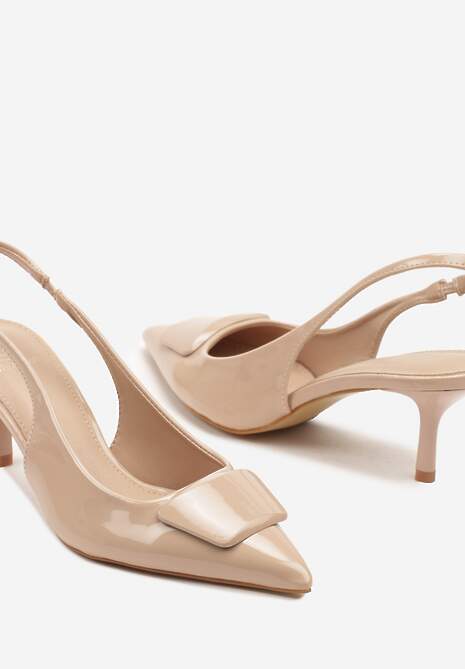 Beżowe Lakierowane Sandały Typu Slingback na Szpilce Kalivan
