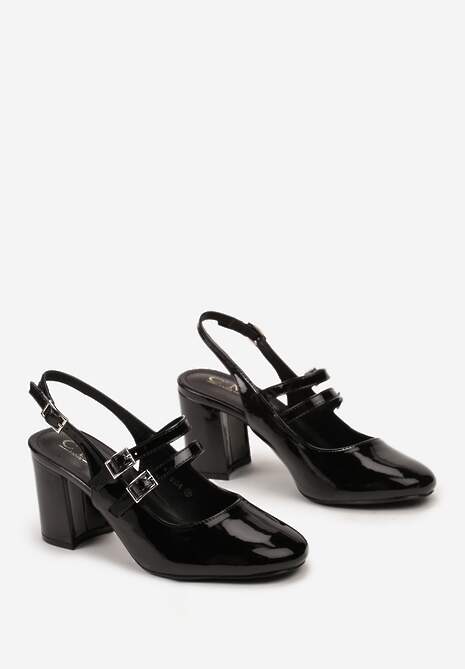 Czarne Czółenka na Obcasie Ozdobione Cienkimi Paskami Okaria