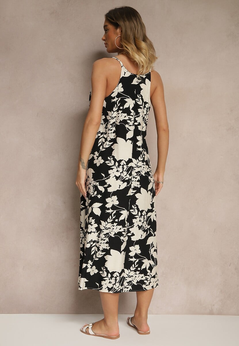 Czarno-Kremowa Sukienka z Wiskozą o Rozkloszowanym Kroju w Kwiaty Thirimi