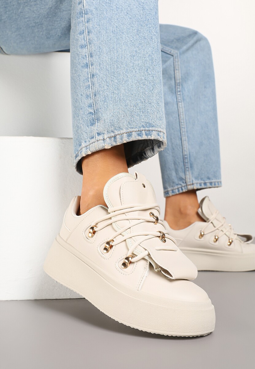 Beżowe Sneakersy na Platformie Ozdobione Wstawką i Rzemykami na Języku Barilsa