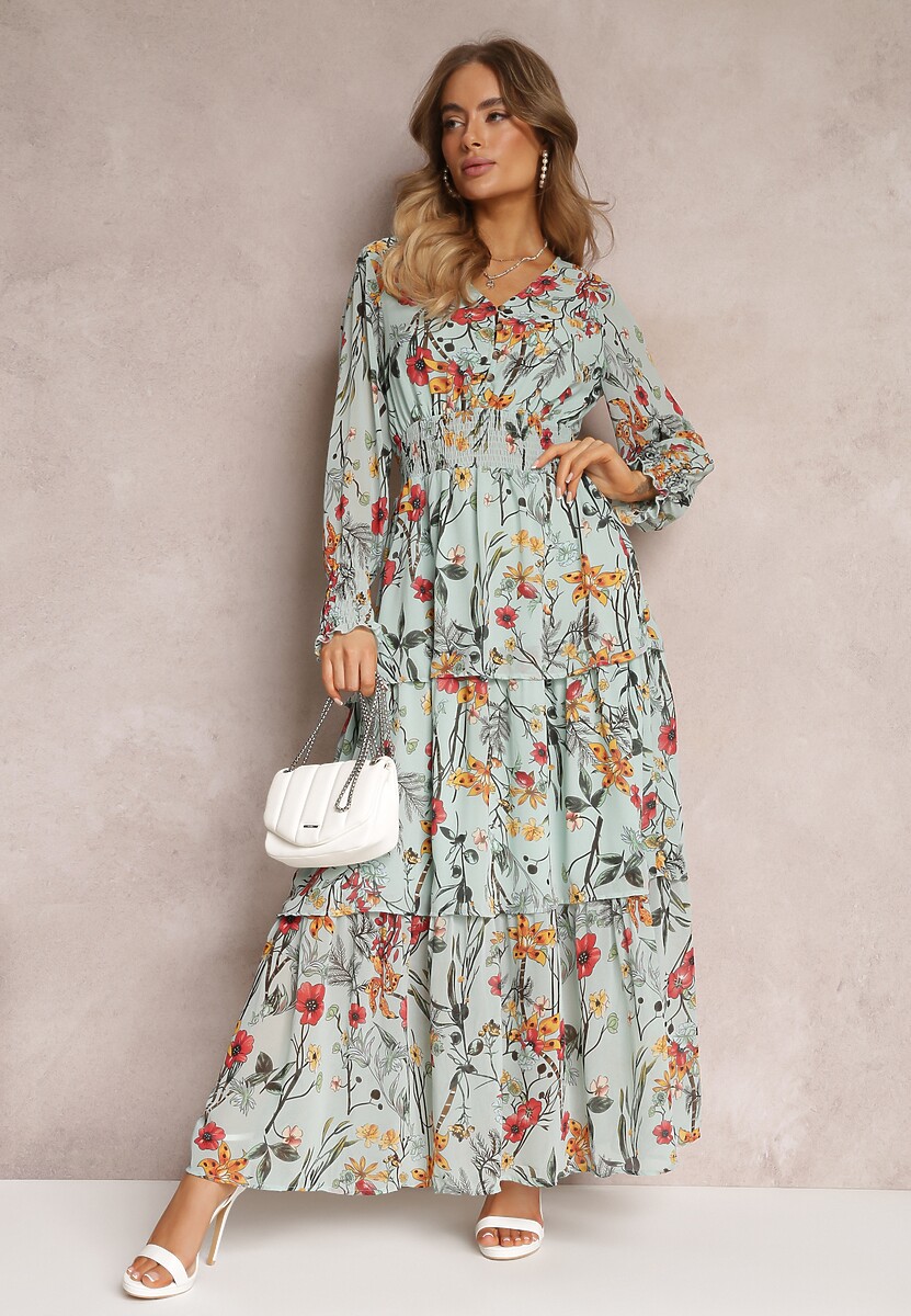 Miętowa Rozkoszowana Sukienka Maxi z Falbankami i Gumką w Talii Leezasa