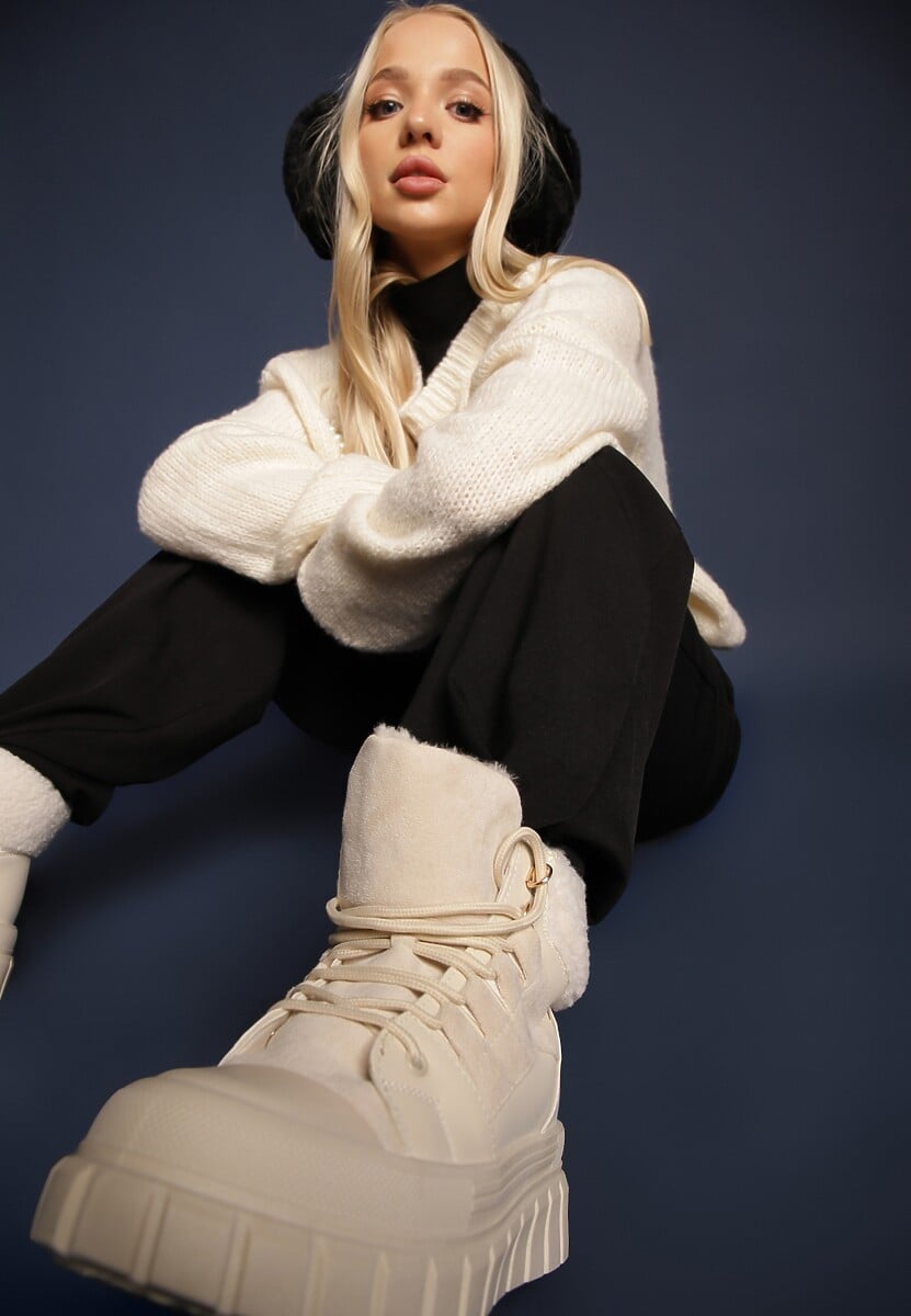 Beżowe Botki na Grubej Podeszwie z Futerkiem Nemda