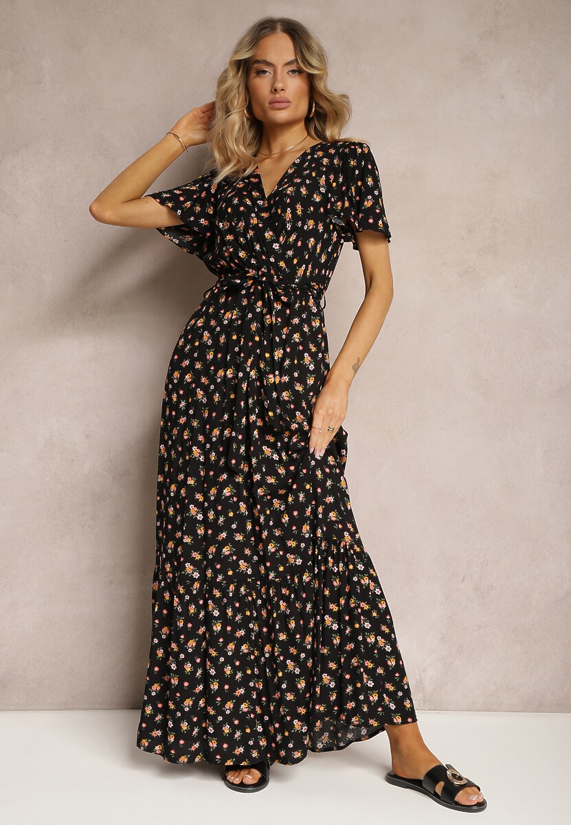 Czarno-Różowa Sukienka z Wiskozy z Dekoltem w Serek z Gumką w Pasie i Materiałowym Paskiem Ganeslla