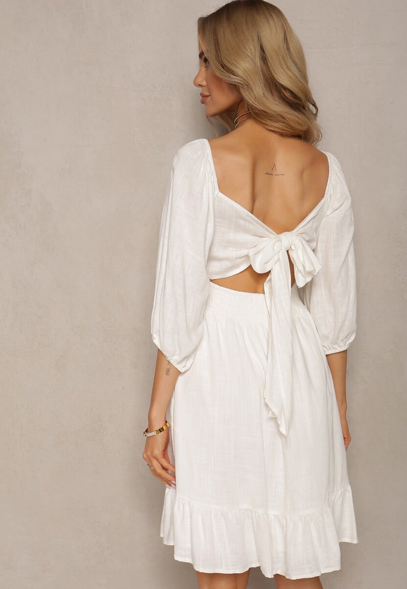 Biała Sukienka z Lnem i Wiskozą Wykończona Podszewką Falbanką i Gumką w Talii Alzemia