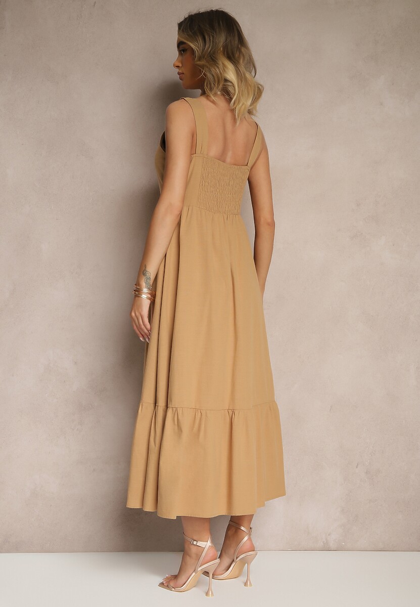 Ciemnobeżowa Sukienka Rozkloszowana z Bawełną Ozdobiona Guzikami i Falbanką Lunavin