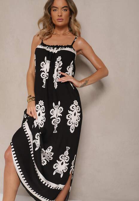 Czarna Rozkloszowana Sukienka na Ramiączkach w Ornamentalny Print Reveleine