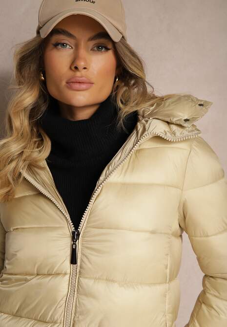 Jasnobeżowa Kurtka Długa Pikowana z Dwustronnym Suwakiem i Odpinanym Kapturem Naonia