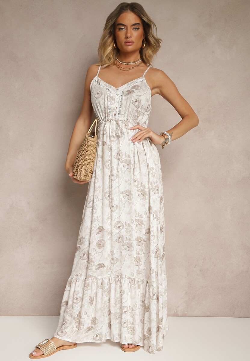 Brązowa Sukienka z Cienkimi Ramiączkami z Wiskozą i Lnem Sortta