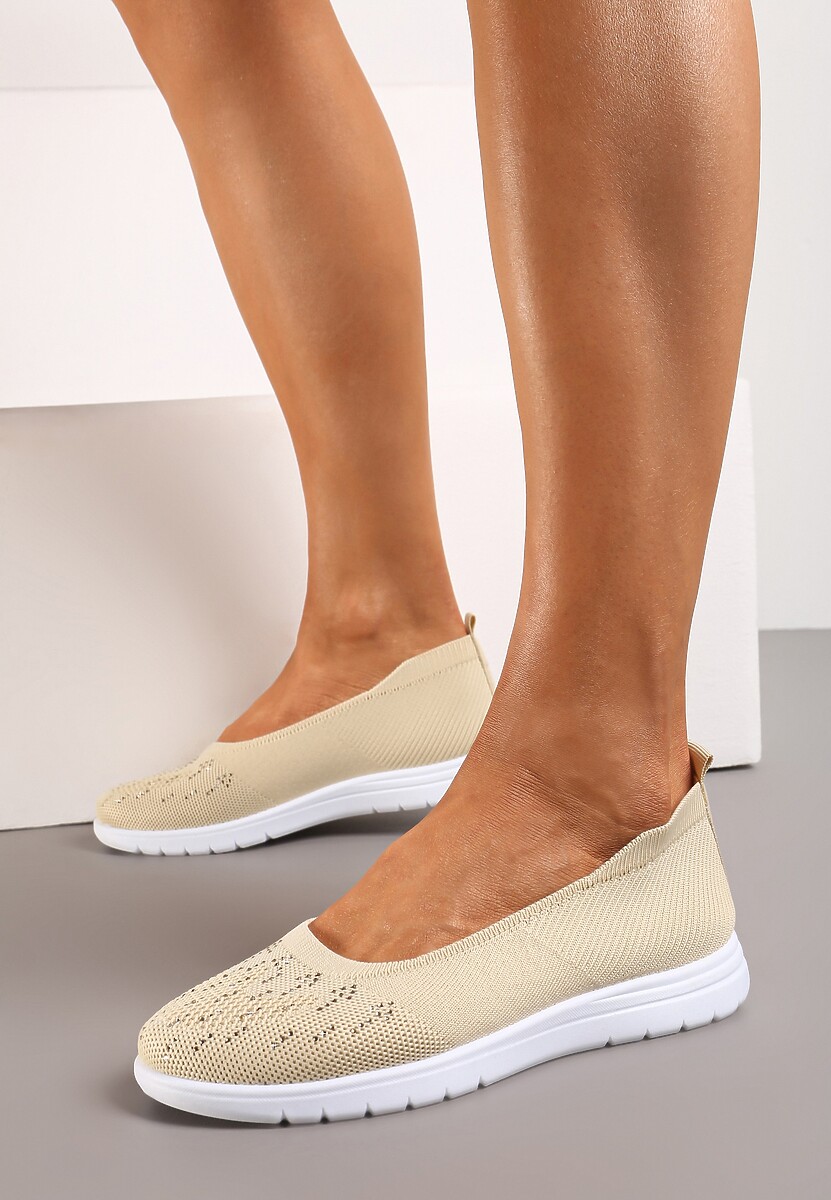 Beżowe Płaskie Tenisówki Zdobione Cyrkoniami Lomadia