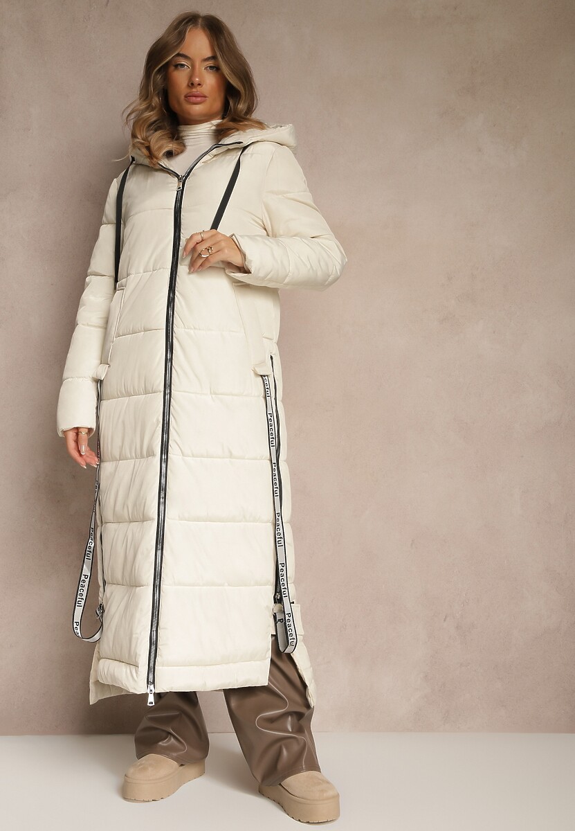 Jasnobeżowa Kurtka Długa Pikowana z Kapturem Colpids